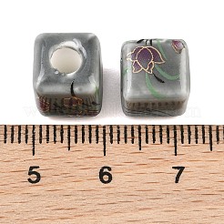 花柄プリントの磁器ビーズ  花柄のセラミックビーズ  キューブ  ダークシーグリーン  10x10x10mm  穴：4mm&nbsp;PORC-Q160-2