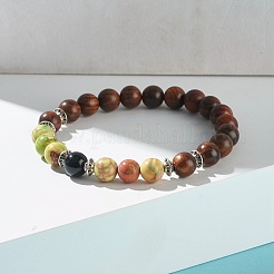 Natural Mixed Stone & Wood Round Beads Stretch Bracelet&nbsp;BJEW-JB07135