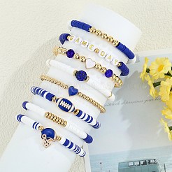 手作りポリマー粘土ヘイシビーズストレッチブレスレットセット1セット  合金チャーム付き  ブルー  内径：2~2-1/4インチ（5.1~5.7cm）  8個/セット&nbsp;BJEW-SZ0002-67B-01