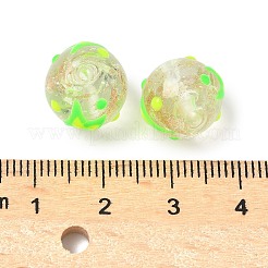 光沢のある手作りのエナメルゴールドサンドガラスビーズ連売り  稲妻の丸  暗闇で光る  ライム  12mm  穴：1.4mm&nbsp;LAMP-U004-08B