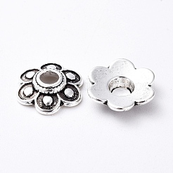 チベット風合金ビーズキャップ  鉛フリー＆カドミウムフリー  花  アンティークシルバー  直径約15mm  厚さ3mm  穴：4mm&nbsp;LF10362Y