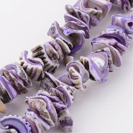 天然石シェルビーズ連売り  染め  ナゲット  ミディアム蘭  10~20x8~12x3~6mm  穴：1mm  約15.7インチ&nbsp;BSHE-P010-01-1