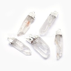 天然石クオーツクリスタルポイントペンダント  ロッククリスタルペンダント  シルバーカラーの真鍮メッキ  ナゲット  20~52x5~14x6~12mm  穴：2.5mm