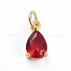 Brass Micro Pave Cubic Zirconia Pendants, with Jump Ring, Cadmium Free & Lead Free, Teardrop, Golden, Red, 11.5x6.5x4mm, Hole: 3mm