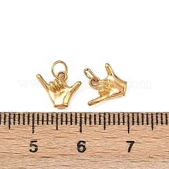 304ステンレススチールチャーム  シャカハンドチャーム  イオンプレーティング（ip）  丸カン付き  18KGP本金メッキ  8x10x3mm  穴：3mm&nbsp;X-STAS-G364-09G
