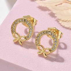 真鍮マイクロペーブクリアキュービックジルコニアスタッドピアス  長持ちメッキ  18KGP本金メッキ  蝶結び  12.5x11.5mm&nbsp;EJEW-D305-17G