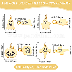 8個 4スタイル 316サージカルステンレススチール エナメルチャーム  丸カン付き  ハロウィン用  ゴースト＆パンプキンジャック-o'-ランタン  14KGP本金メッキ  ブラック  10~11.5x8~10x1mm  穴：2.4~2.6mm  2個/スタイル&nbsp;STAS-BBC0001-17