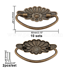 亜鉛合金ハンドル10セット  ネジ付き  ジュエリーボックスアクセサリー  花  アンティークブロンズ  80x43x3~8mm  穴：3mm&nbsp;PALLOY-FH0001-72AB