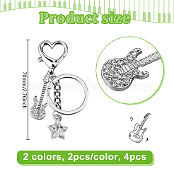 4Pcs 2 Colors Alloy Rhinestone Guitar & Acrylic Star Pendant Keychain&nbsp;KEYC-HY0001-33