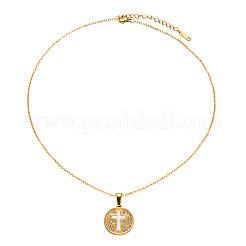 304 Stainless Steel Crystal Rhinestone Disc with Cross Pendant Necklaces with Natural White Shell for Women&nbsp;WG0D4C9-02