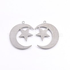 変色しない201ステンレススチールペンダント  スターとムーン  ステンレス鋼色  29x24x0.6mm  穴：1.4mm&nbsp;X-STAS-E438-60P