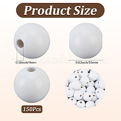 スプレー塗装された丸い天然シマウッドビーズ150個  ホワイト  16mm  穴：4mm&nbsp;WOOD-PA0001-69A