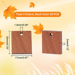 90個3色ウッドペンダント  染め  長方形  ミックスカラー  20x17x3mm  穴：1.6mm  30個/カラー&nbsp;WOOD-PH0002-26