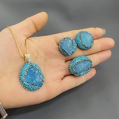 楕円形の天然アクアマリンとチェコのラインストーンのペンダントネックレス、スタッドピアス、リングセット  ゴールドカラー  560mm&nbsp;FS-WG513DD-01
