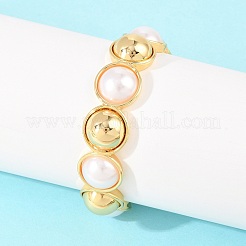 Half Round Brass and ABS Imitation Pearl Cuff Bangles for Women&nbsp;BJEW-T025-05G-01