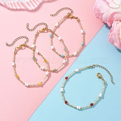 女性用ガラスシードビーズブレスレット4個  天然混合宝石と304ステンレス鋼の金具付き  7-3/8インチ（18.8cm）&nbsp;BJEW-MZ00261