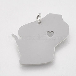 変色しにくい201ステンレススチールペンダント  ウィスコンシンの地図  ステンレス鋼色  23x24x1mm  穴：3mm&nbsp;STAS-T038-70