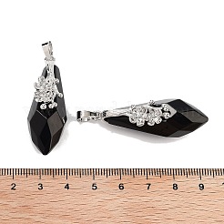 天然黒曜石のファセットティアドロップペンダント  ラックメッキプラチナトーン真鍮フラワーチャーム  カドミウムフリー＆鉛フリー  44~45.5x14.5~15.5x16~17mm  穴：6.5x5mm&nbsp;G-Q163-04P-07