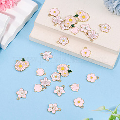 合金とエナメルのペンダント30個、6スタイル  花のチャーム  ライトゴールド  ピンク  14.5~20x13~22x1~2mm  穴：1.5~1.8mm  5個/スタイル&nbsp;ENAM-TADJ0001-04A