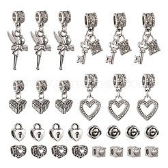8スタイルチベットスタイル合金ヨーロピアンビーズ  大穴ビーズ  ハートロック＆直方体ハート＆ハート＆バラの花＆キーロック＆妖精＆翼＆ハート＆中空ハート  アンティークシルバー  100個/箱&nbsp;TIBE-LS0001-02AS