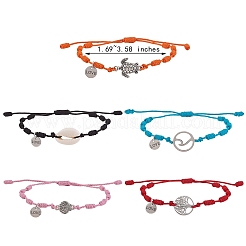 ナチュラルカウリーシェル＆ツリー＆タートル＆ウェーブリンクブレスレットセット  女性のための小さな愛の魅力を持つ編みこみの幸運なブレスレット  ミックスカラー  内径：1-3/4~3-5/8インチ（4.3~9.1cm）  5個/セット&nbsp;BJEW-SW00030
