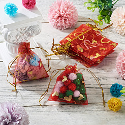 ハートプリントオーガンジーバッグ50個  結婚披露宴のクリスマスのお菓子袋のためのジュエリーギフトメッシュポーチ  結婚式の好意バッグ  好意バッグ  ギフトバッグ  長方形  レッド  9x7cm&nbsp;OP-TADJ0001-01F