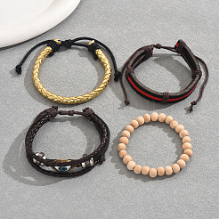 4個 4スタイル メンズ PUレザー編みブレスレット & ウッドビーズストレッチブレスレットセット  亜鉛合金  ミックスカラー  内径：2-3/8インチ（6cm）〜2-3/4インチ（7cm）  4スタイル  1個/スタイル  4個/セット&nbsp;PO6942