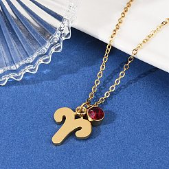 304 ステンレススチール ガラス ドリル 誕生石 星座 ペンダント ネックレス  18KGP本金メッキ  真空めっき  牡羊座  17.72インチ（45cm）  ペンダント：17x15x1.5mm&nbsp;STAS-D305-08G-A