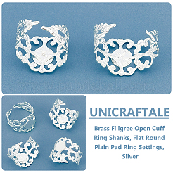 真鍮フィリグリーオープンカフリングシャンク30個  フラットラウンドプレーンパッドリングセッティング  銀  内径：17mm  トレイ：直径8mm&nbsp;KK-UN0001-90