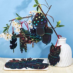 Diy 感謝祭の日スクラッチ アート ペーパー ブックマーク作成キット  チキン＆キャップ＆フクロウ＆ヘーゼル紙ブランクカードを含む  シルクリボン  竹の棒  ブラック  ブランクカード: 77~129x63~120x0.2mm  穴：4mm  12個/セット&nbsp;DIY-WH0401-65