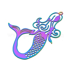 イオンプレーティング（IP）201ステンレススチールエッチングメタル装飾ペンダント  虹色  人魚  45x30.5x0.3mm  穴：1.2mm&nbsp;STAS-G328-02J-RC