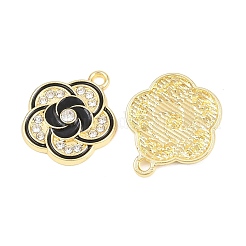 合金製ブラックエナメルペンダント  クリスタルラインストーン付き  花のチャーム  ラックめっき  ゴールドカラー  19.5x17x3.5mm  穴：2mm&nbsp;FIND-C095-09G