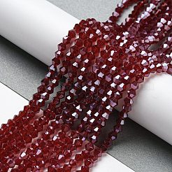 透明電気メッキガラスビーズ連売り  パール光沢メッキ  多面カット  双円錐形  暗赤色  3.5~3.8x3mm  穴：0.8mm  約107~110個/連  32.5~34cm&nbsp;EGLA-A039-T3mm-A27