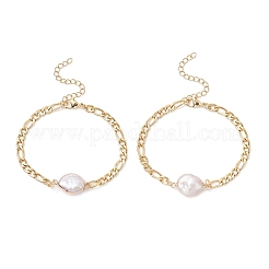 304ステンレススチールと天然ケシパールのリンクブレスレット  女性用フィガロチェーンブレスレット  ゴールドカラー  7-1/4インチ（18.5cm）&nbsp;BJEW-JB12156