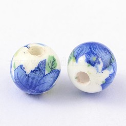 花柄プリントの磁器ビーズ  花柄のセラミックビーズ  ラウンド  藤紫色  10mm  穴：3mm&nbsp;X-PORC-Q199-10mm-19