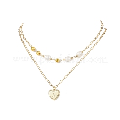Natural Cultured Freshwater Pearl Rice Beads Brass Heart with Letter Pendant Paperclip Chain Double Layered Necklaces&nbsp;NJEW-JN05378-03