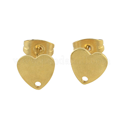 304ステンレススチールハートスタッドピアス金具  ループと平板付き  ゴールドカラー  8x8mm  穴：1mm  ピン：0.8mm&nbsp;STAS-R063-37G