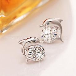 本物のプラチナメッキイルカ真鍮スタッドピアス  ラインストーン付き  クリスタル  10x10mm&nbsp;EJEW-EE0001-228