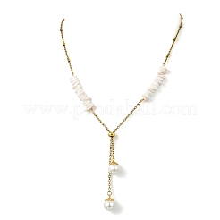Natural Pink Shell Chip & 304 Stainless Steel Cable Chain Lariat Necklaces&nbsp;NJEW-JN06280