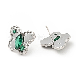 グリーン キュービックジルコニア バタフライ スタッド ピアス  女性のための真鍮のアクセサリー  カドミウムフリー＆ニッケルフリー＆鉛フリー  プラチナ  13x14.5mm  ピン：0.8mm&nbsp;EJEW-G297-35B-P