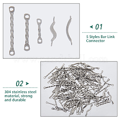 150個 5スタイル 304ステンレススチールコネクタチャーム  ツイストバー  ステンレス鋼色  10~20x2x1~3mm  穴：1~1.2mm  30個/スタイル&nbsp;STAS-DC0016-22