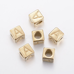 304 ステンレススチール 大きな穴文字 ヨーロッパ ビーズ  水平穴  キューブ  アルファベット  ゴールドカラー  a～zの文字  8x8x8mm  穴：5mm&nbsp;STAS-H428-01G