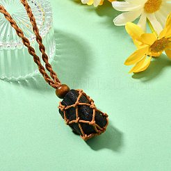 Natural Black Tourmaline Macrame Pouch Adjustable Slider Necklaces&nbsp;NJEW-M090-01