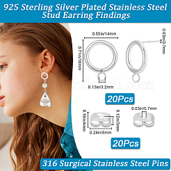 304ステンレススチールリングスタッドピアス金具20個  316サージカルステンレススチールのピンとループ付き  20個のイヤーナット  925銀メッキ  16.5x12mm  穴：3.2mm  ピン：0.7mm&nbsp;STAS-BBC0005-22S