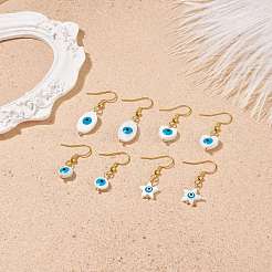 ナチュラル シェル イービル アイ ダングル イヤリング エナメル  女性用金メッキ 304 ステンレススチールジュエリー  混合形状  ホワイト  32~39mm  ピン：0.6mm&nbsp;EJEW-JE04990