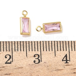 キュービックジルコニアペンダント付き真鍮  長方形チャーム  ニッケルフリー  18KGP本金メッキ  ピンク  9x3.5x2mm  穴：1.2mm&nbsp;KK-Z136-12G-02