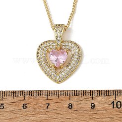 Brass Pave Pink Cubic Zirconia Heart Pendant Brass Curb Chain Necklace for Women&nbsp;NJEW-JN06484-02