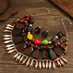Wood with Plastic Multilayer Necklace & Round Beaded Dangle Earring&nbsp;FS-WGCB179-01