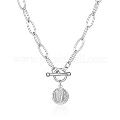304ステンレススチール製ラブディスクコインペンダントネックレス（留め具付き、女性・男性用）  変色しない  ステンレス鋼色  17.72インチ（45cm）&nbsp;WG7163D-01