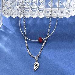 304 Stainless Steel & Dyed Natural White Jade Feather Pendant Double Layer Necklaces for Women&nbsp;NJEW-A045-20P